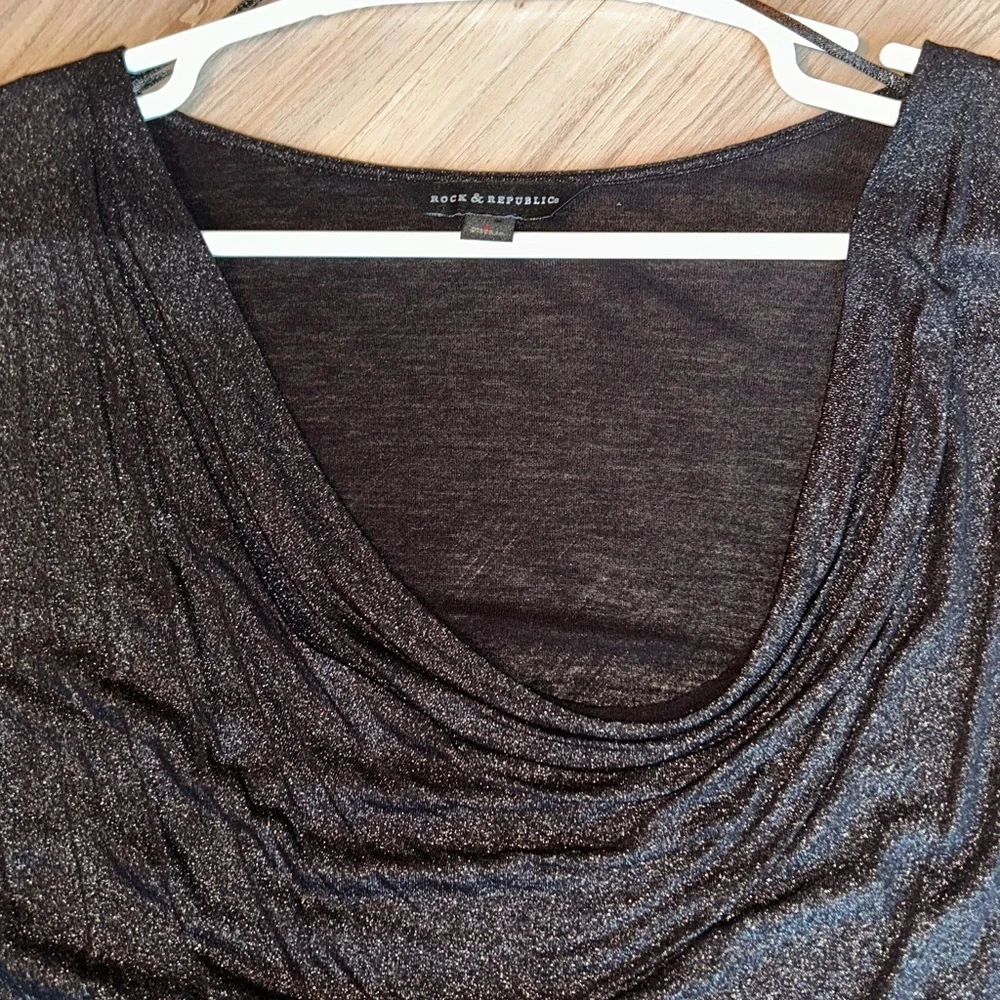 Rock & Republic Metallic LS Top L Black/Silver NWOT Draped Glam Sparkle